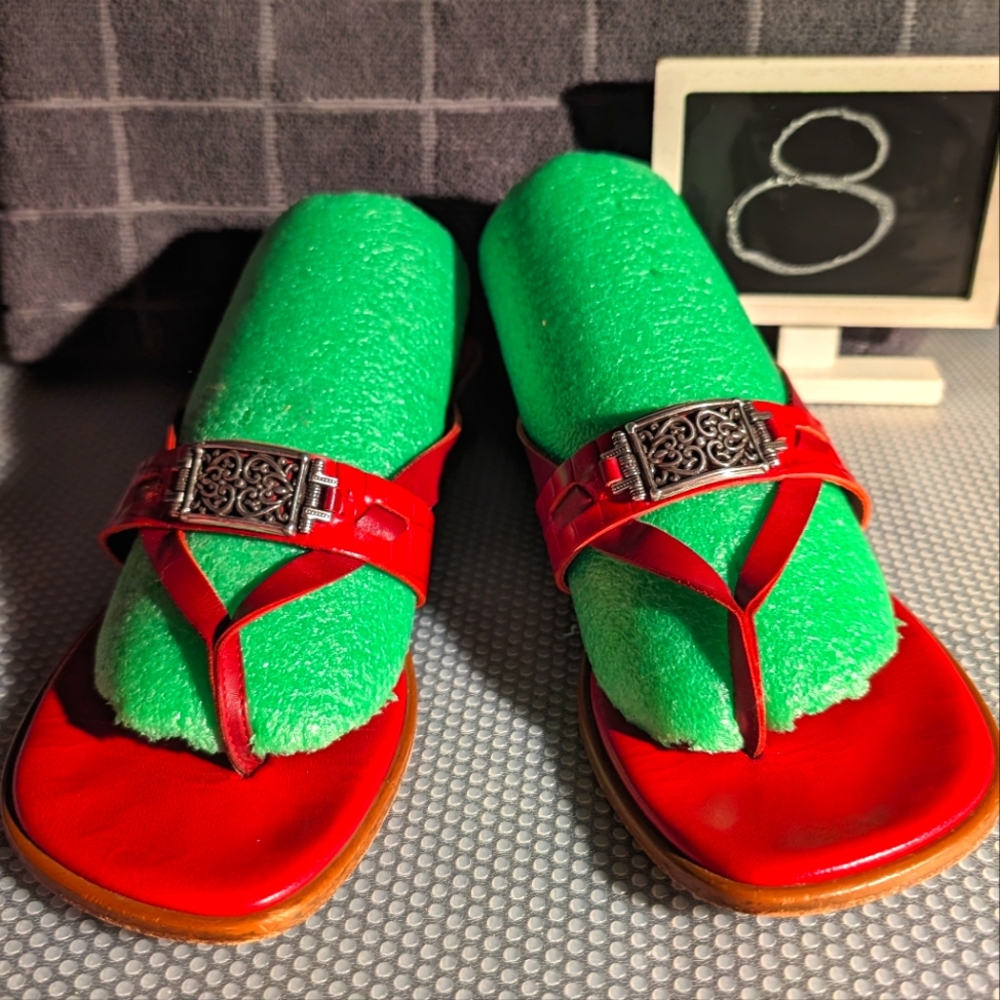 Brighton Laura‎ 8 vintage cherry red leather thong sandals snakeskin&silvertone